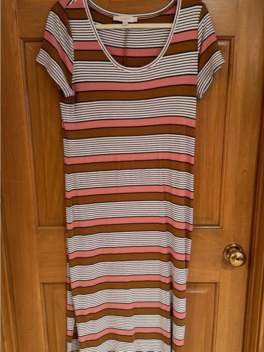 LOFT Striped Scoop-Neck Maxi Dress in Pink, Brown & White